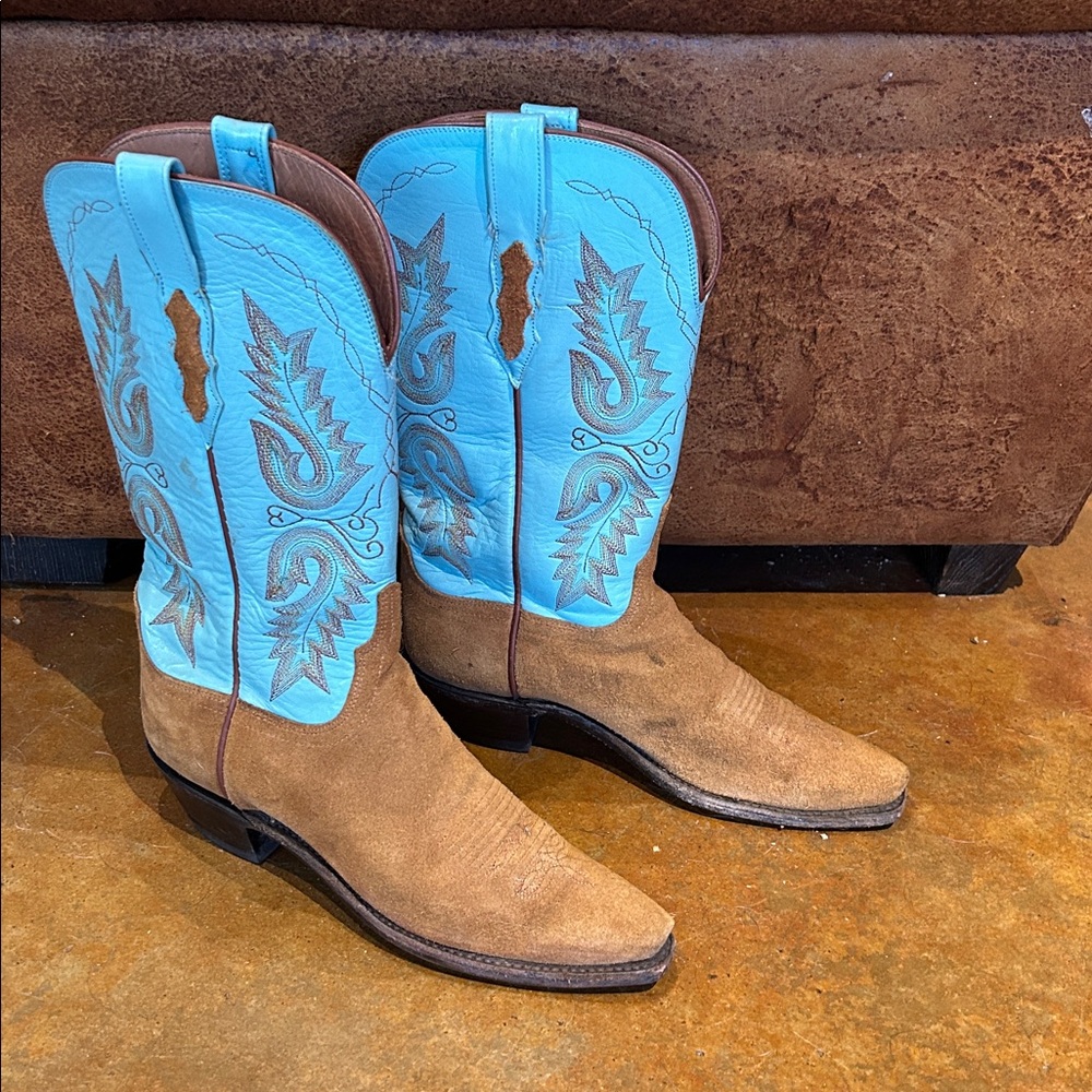 Lucchese Turquoise and Brown Suede Heeled Cowboy Boots